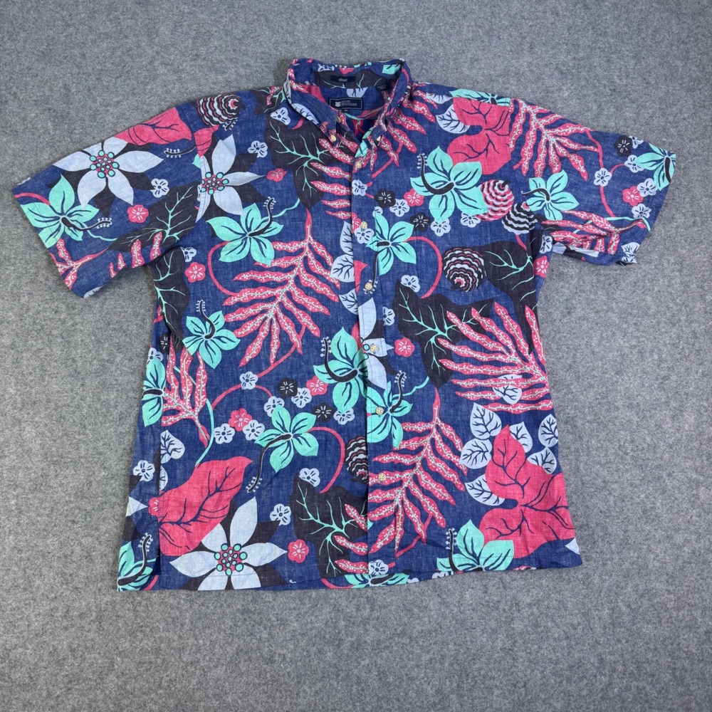 Reyn Spooner Classic Mens XL Blue Pink Tropical Floral Cotton Aloha Shirt